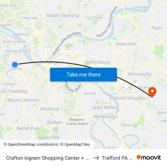 Crafton Ingram Shopping Center + Rite-Aid to Trafford PA USA map