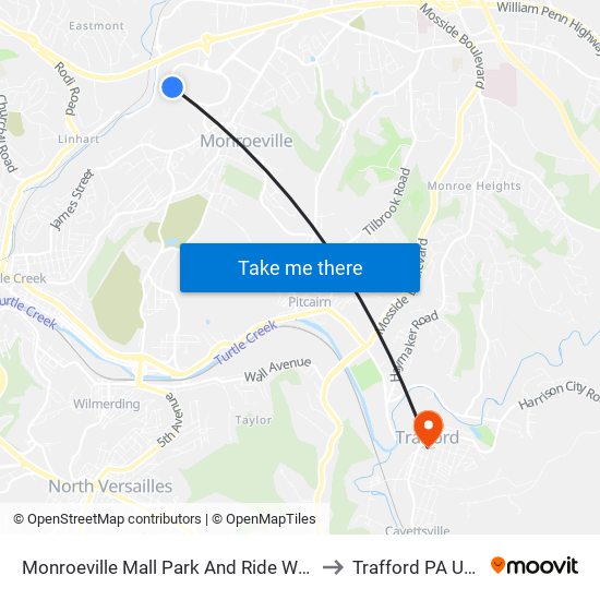 Monroeville Mall Park And Ride West to Trafford PA USA map