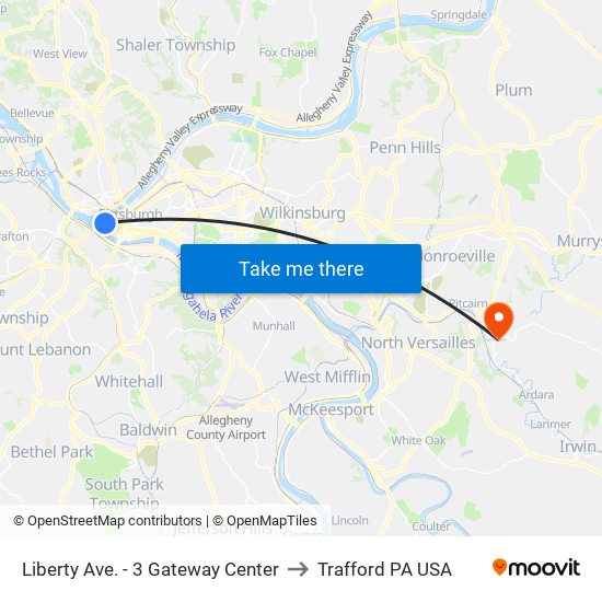 Liberty Ave. - 3 Gateway Center to Trafford PA USA map