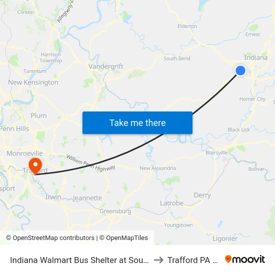Indiana Walmart Bus Shelter at Southtown to Trafford PA USA map