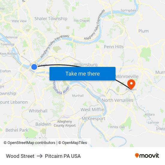 Wood Street to Pitcairn PA USA map