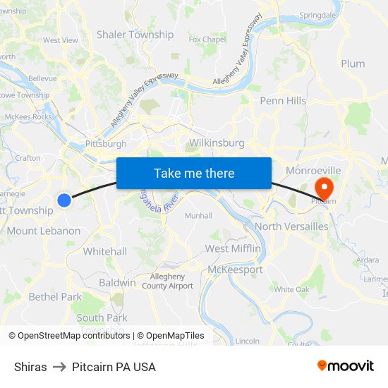 Shiras to Pitcairn PA USA map