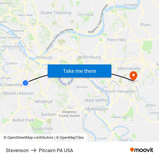 Stevenson to Pitcairn PA USA map