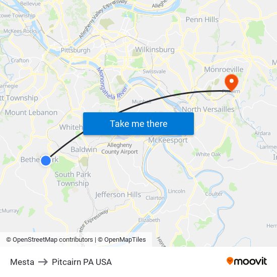 Mesta to Pitcairn PA USA map