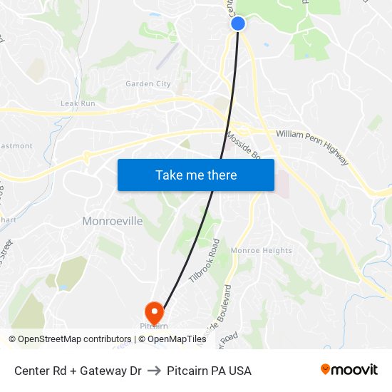 Center Rd + Gateway Dr to Pitcairn PA USA map