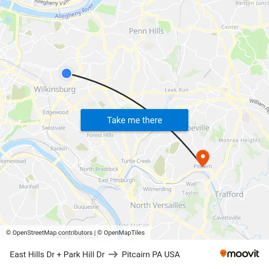 East Hills Dr + Park Hill Dr to Pitcairn PA USA map