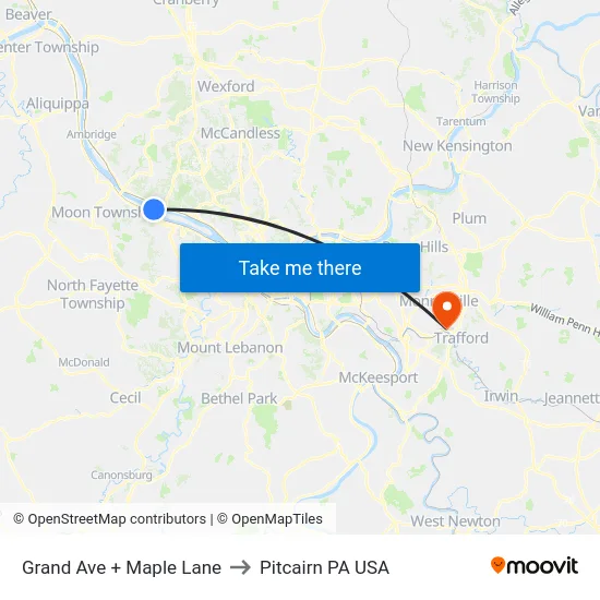 Grand Ave + Maple Lane to Pitcairn PA USA map