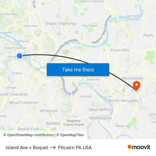 Island Ave + Boquet to Pitcairn PA USA map