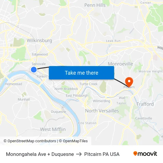Monongahela Ave + Duquesne to Pitcairn PA USA map