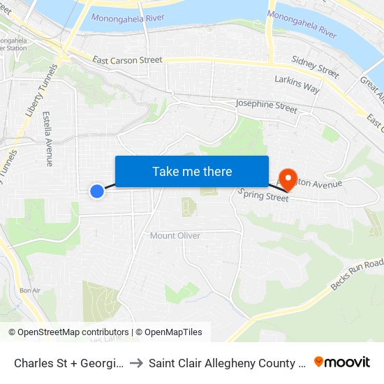 Charles St + Georgia Ave to Saint Clair Allegheny County PA USA map