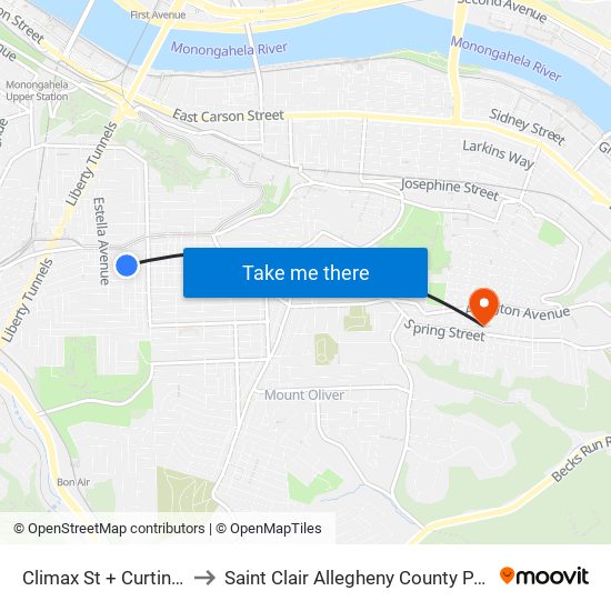 Climax St + Curtin Ave to Saint Clair Allegheny County PA USA map