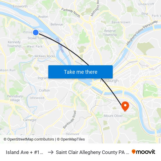 Island Ave + #1470 to Saint Clair Allegheny County PA USA map