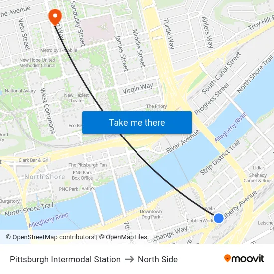 Pittsburgh Intermodal Station to North Side map