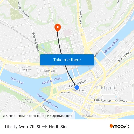 Liberty Ave + 7th St to North Side map