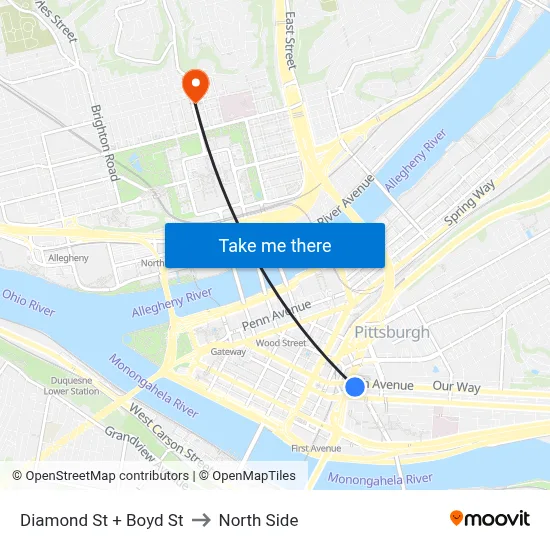 Diamond St + Boyd St to North Side map