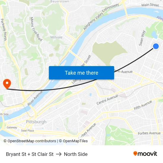 Bryant St + St Clair St to North Side map