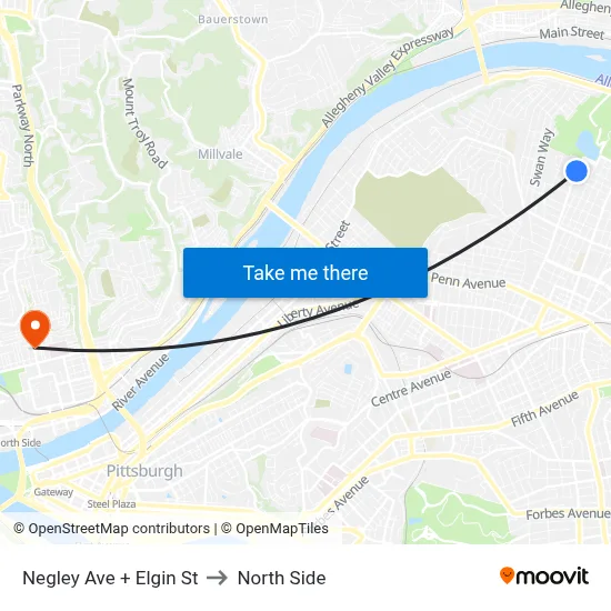 Negley Ave + Elgin St to North Side map