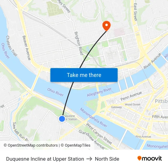 Duquesne Incline at Upper Station to North Side map