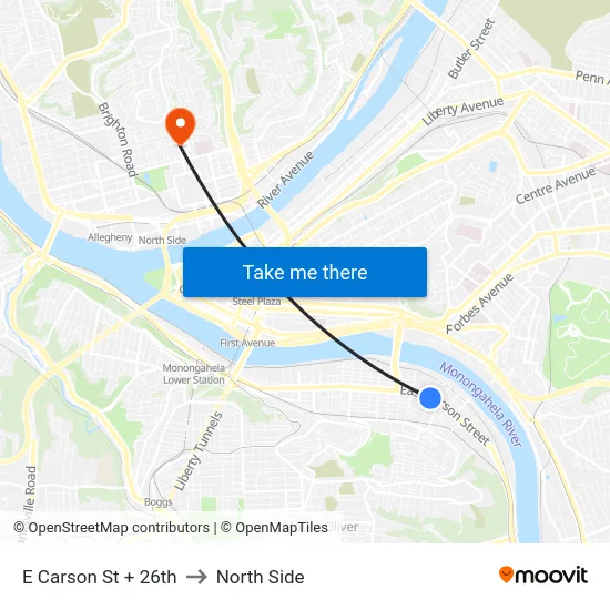 E Carson St + 26th to North Side map