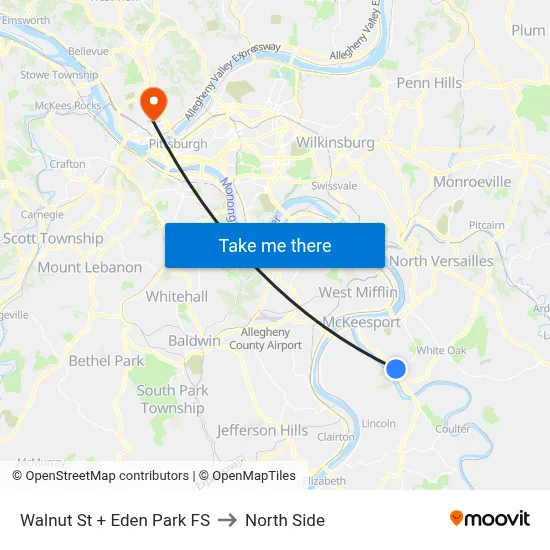 Walnut St + Eden Park FS to North Side map