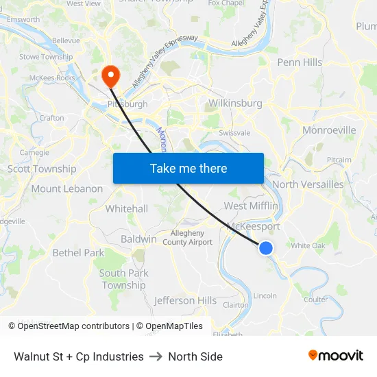 Walnut St + Cp Industries to North Side map