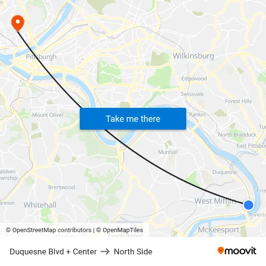 Duquesne Blvd + Center to North Side map