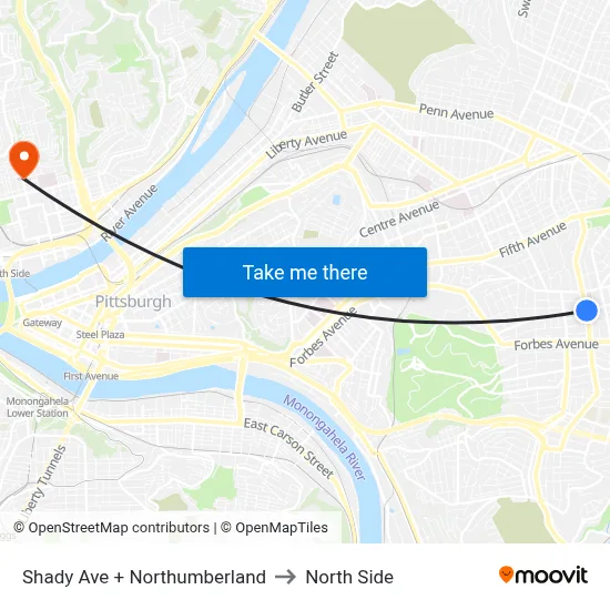 Shady Ave + Northumberland to North Side map