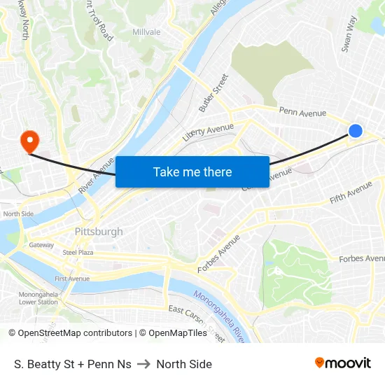 S. Beatty St + Penn Ns to North Side map