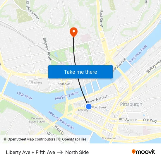 Liberty Ave + Fifth Ave to North Side map