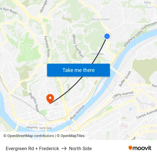 Evergreen Rd + Frederick to North Side map