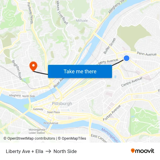 Liberty Ave + Ella to North Side map