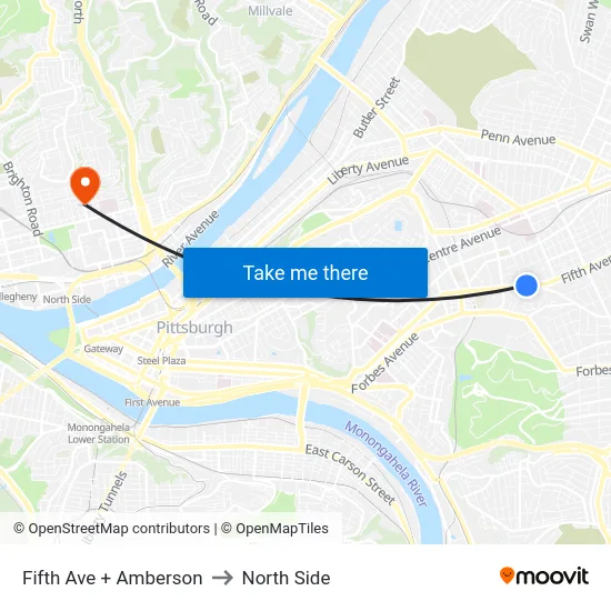 Fifth Ave + Amberson to North Side map