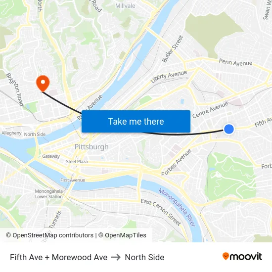 Fifth Ave + Morewood Ave to North Side map