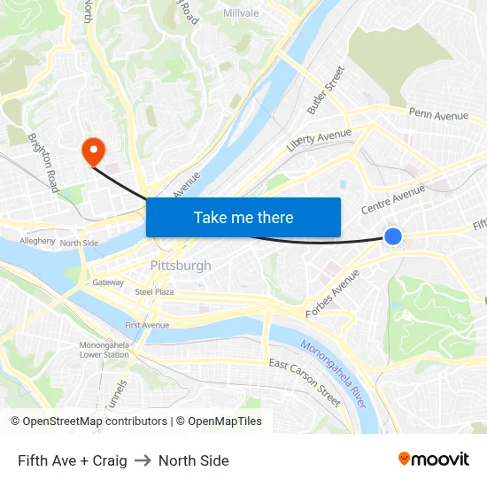 Fifth Ave + Craig to North Side map
