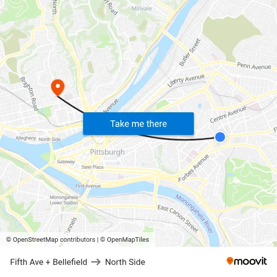 Fifth Ave + Bellefield to North Side map