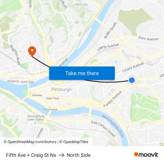 Fifth Ave + Craig St Ns to North Side map