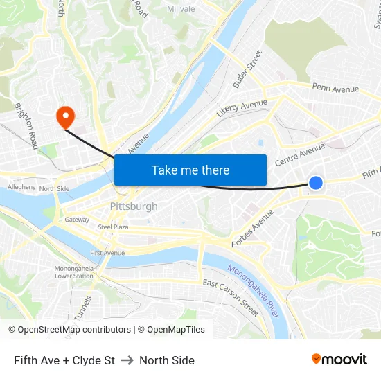 Fifth Ave + Clyde St to North Side map