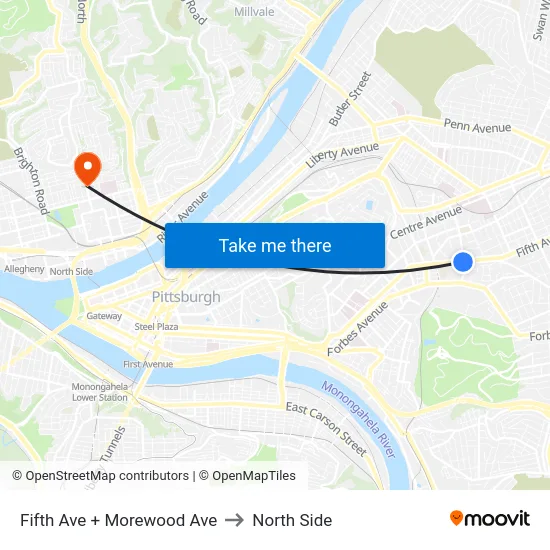 Fifth Ave + Morewood Ave to North Side map