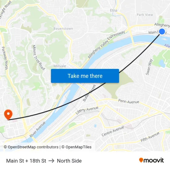 Main St + 18th St to North Side map