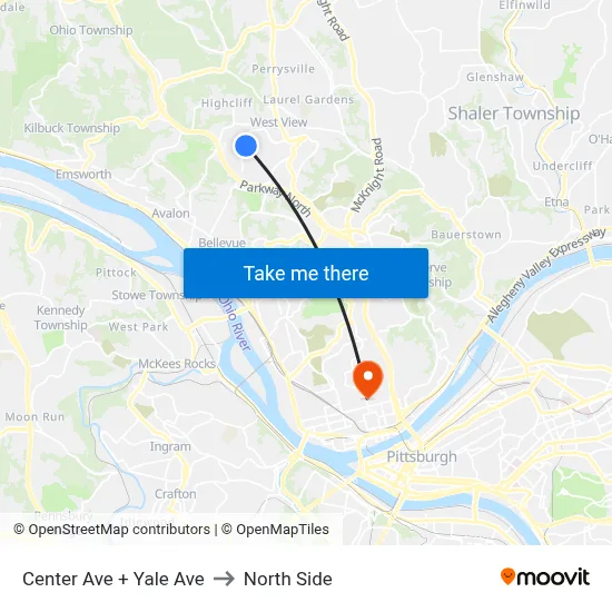 Center Ave + Yale Ave to North Side map
