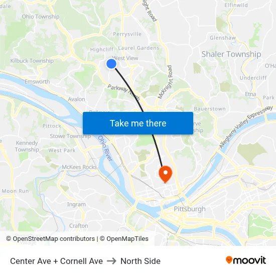 Center Ave + Cornell Ave to North Side map