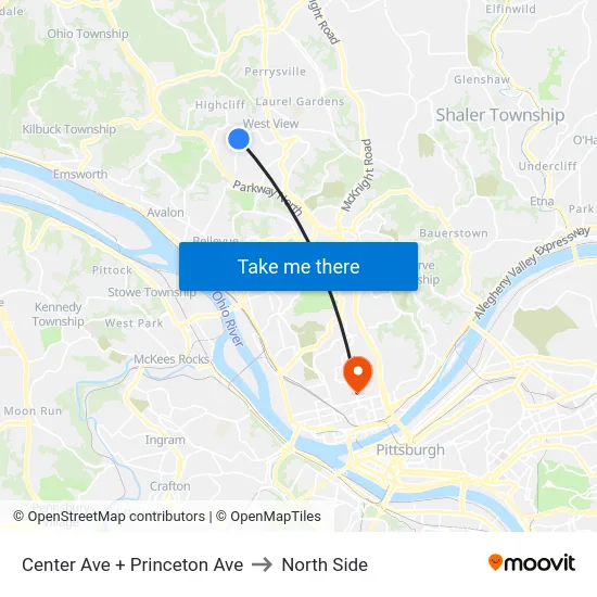 Center Ave + Princeton Ave to North Side map