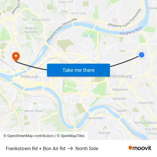 Frankstown Rd + Bon Air Rd to North Side map