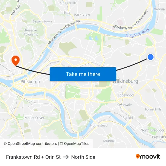 Frankstown Rd + Orin St to North Side map