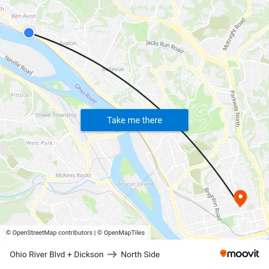 Ohio River Blvd + Dickson to North Side map