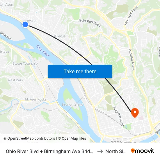 Ohio River Blvd + Birmingham Ave Bridge to North Side map