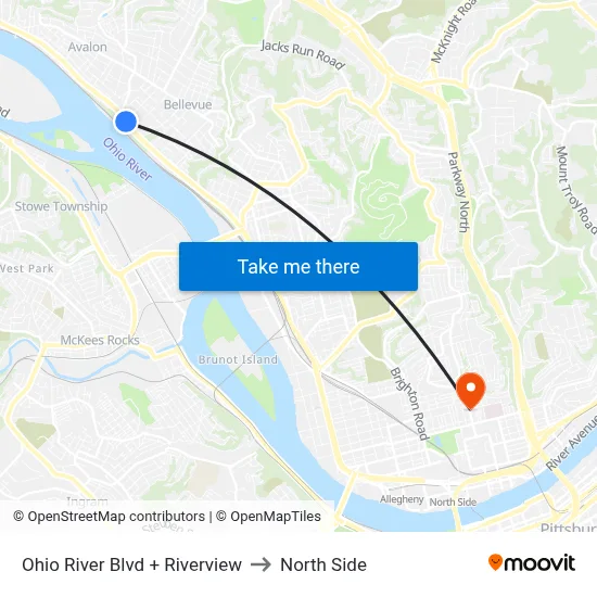 Ohio River Blvd + Riverview to North Side map