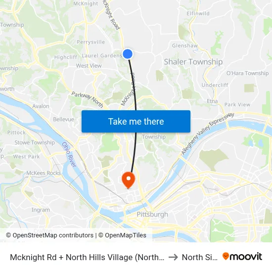 Mcknight Rd + North Hills Village (North Ent) to North Side map