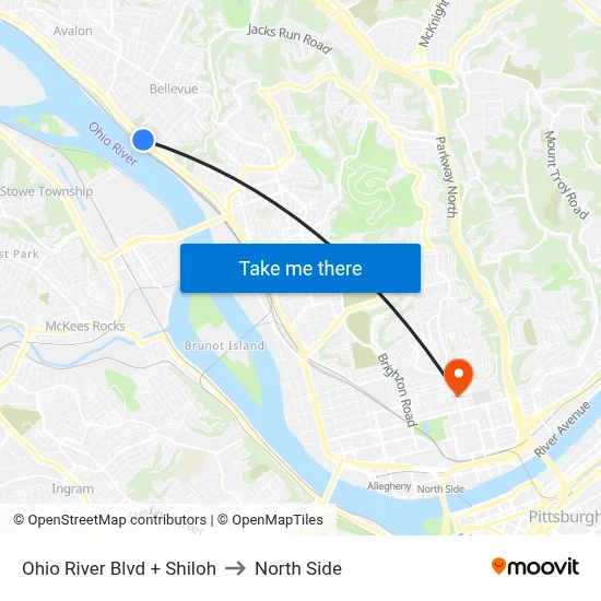Ohio River Blvd + Shiloh to North Side map