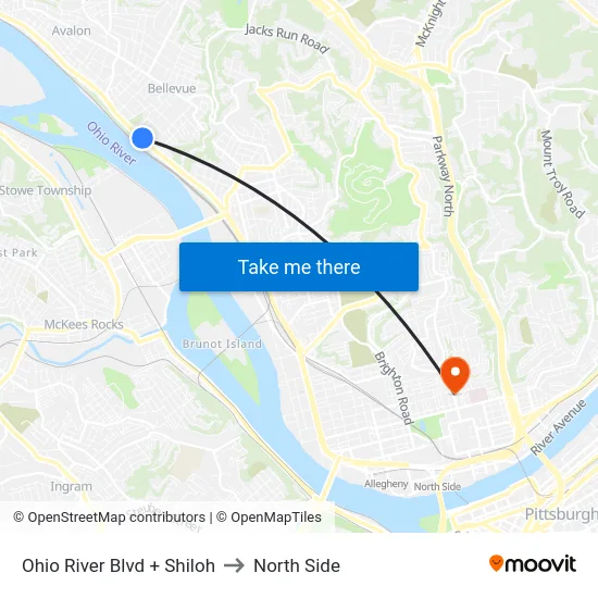 Ohio River Blvd + Shiloh to North Side map